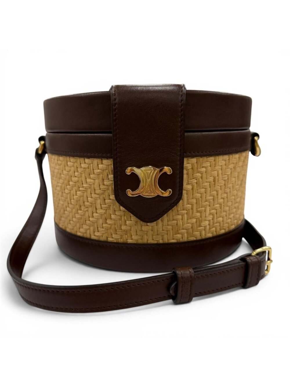 Celine Tambour Raffia Medium Triomphe Shoulder Bag Natural Brown